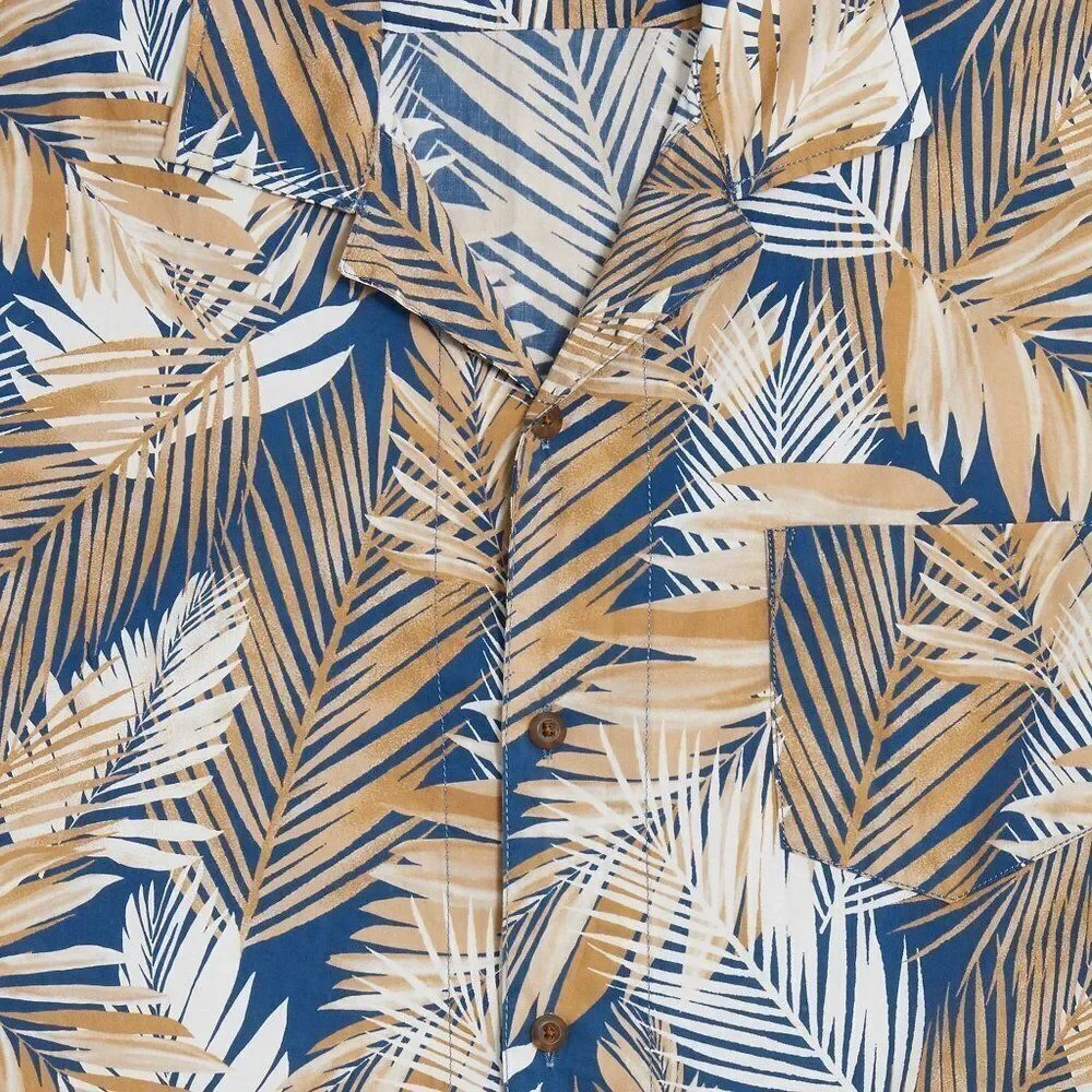 J Crew Men's Printed Flex Shirt Button Front Cotton Tropical Tan Blue Large